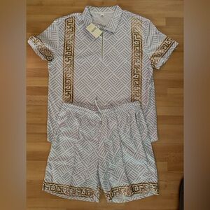 NWT Duval Men’s 3XL 2-Piece Set - White with Gold Greek Key Stripe